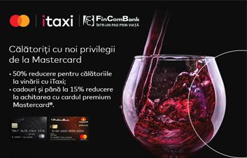 50% reducere la achitarea cu cardul premium Mastercard de la FinComBank pentru călătorii la vinăriile din Moldova cu iTaxi 50% reducere la achitarea cu cardul premium Mastercard de la FinComBank pentru călătorii la vinăriile din Moldova cu iTaxi